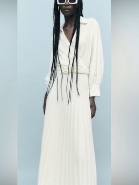 Zara White Pleated Midi Dress